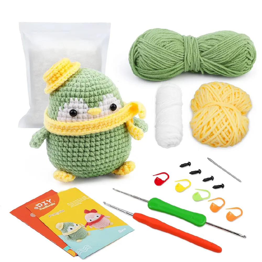 High quality non finished products diy wobbles crochet animal green penguin kit exquisite craft crochet kit for beginners