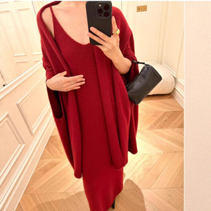 Conjunto de Dos Piezas Minimalista de Lana para Mujer, Cárdigan Holgado <span class=keywords><strong>con</strong></span> Frente Abierto y Vestido Maxi, Transpirable, Corte Regular, Otoño - Product Image 5