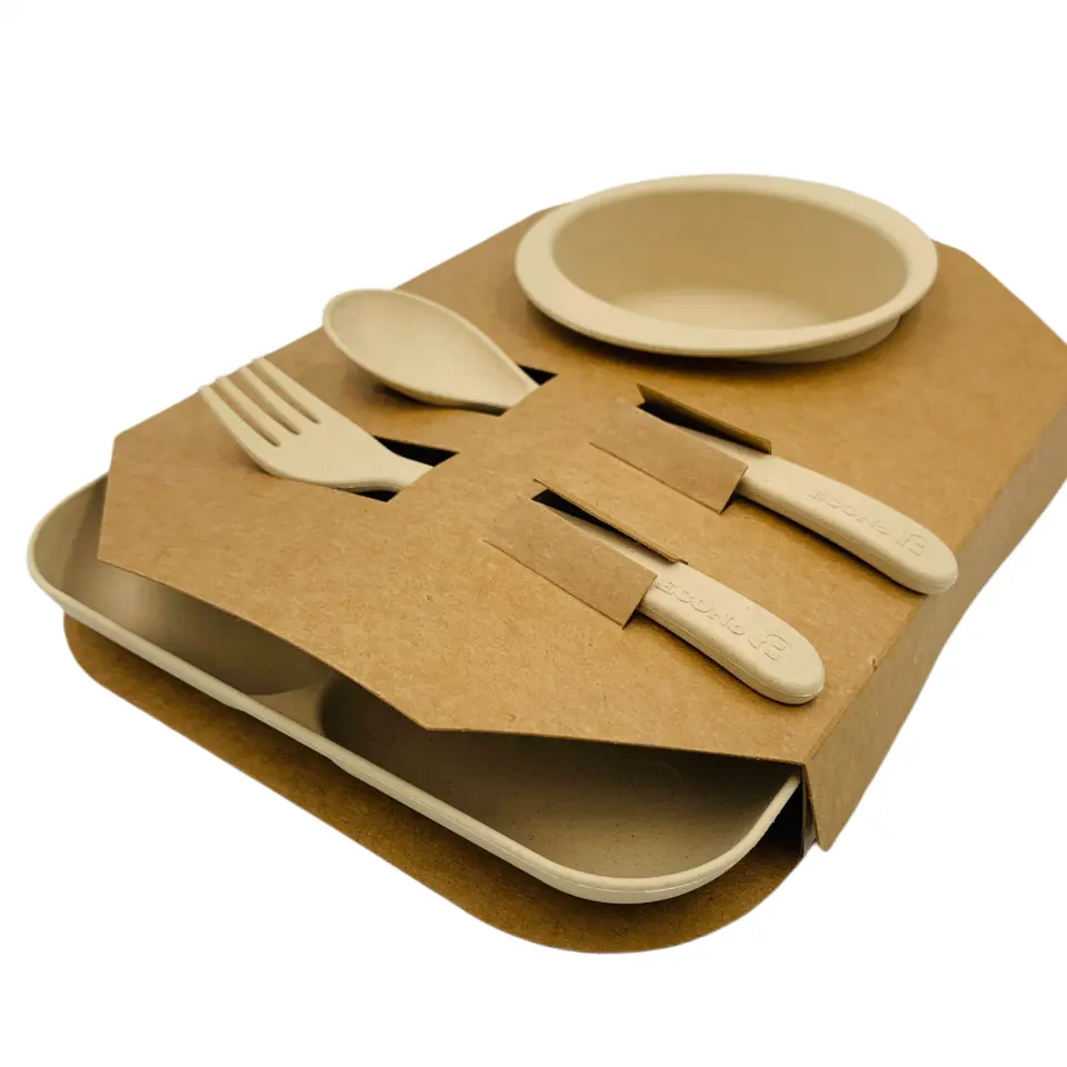 Venda por atacado de utensílios de mesa de fibra de bambu biodegradáveis anti-queda para pratos de jantar, utensílios de mesa para crianças ecológicos
