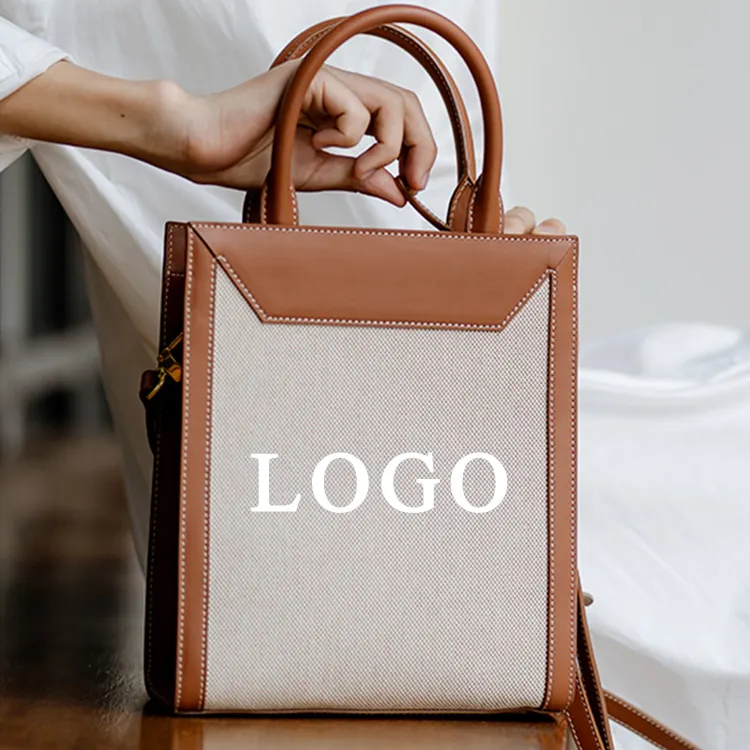 Women Customized Logo Faux Leather And Canvas Tape Tote Bag With Large Capacity Handbag