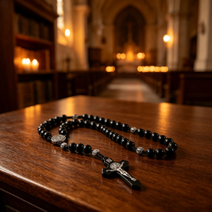 Collier religieux catholique en bois avec perles et croix plaquée argent, en alliage ABS/Zinc, mini perles phosphorescentes, vente en gros, pièce maîtresse - Product Image 6