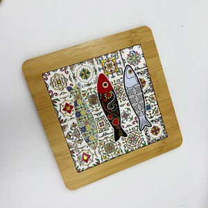 Sous-plat en céramique de style porto-léonais avec cadre en bambou et support en bois, tapis de <span class=keywords><strong>table</strong></span> en carreaux portugais pour la maison et la cuisine - Product Image 5