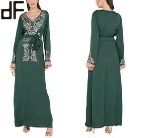 Day Look OEM Women Lace Embroidered Long Maxi Dress Abaya Dubai Style Belted Arabic Dubai Abaya Kaftan Style Prom Muslim Dress