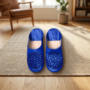 Sandales d'intérieur pour femmes en cuir véritable bleu avec motif géométrique en strass, rembourrées, doublure en peluche, toutes saisons - Product Image 2