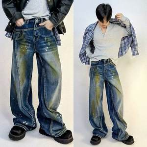 Jeans de Mezclilla Rectos de Estilo Retro Hip-Hop, Desestructurados, Vintage, con Salpicaduras de Tinta, Ligeros, para Hombre, Diseño con Estilo - Product Image 1