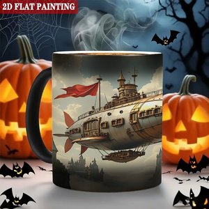 Taza Blanca Esmerilada Negra de 11 oz, Taza Mágica de Cerámica Sensible al Calor con Diseño de Castillo de Dirigible, Pintura Plana 2D - Product Image 6
