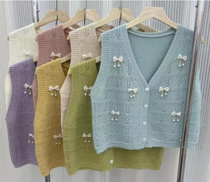Wholesale <strong>Women's</strong> V-neck Knitted Solid Color <strong>Sleeveless</strong> Bow Short Knitted Vest <strong>Cardigan</strong> - Product Image 6