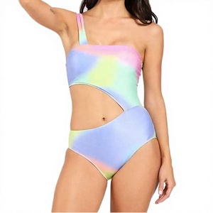 Traje de baño de una pieza con un solo hombro y degradado de color, con aberturas, cintura alta, tipo bandeau, de punto elástico para mujer - Product Image 3