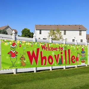 대형 그린치 Whoville 배너 크리스마스 배너 서명 Whoville 실내 야외 장식에 오신 것을 환영합니다 크리스마스 파티 배경 장식