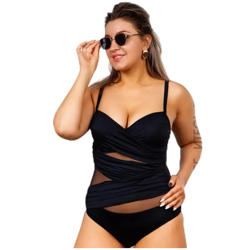 Traje de baño OEM personalizado de malla transparente con control de barriga 3XL 5XL 8XL de talla grande, traje de baño de una pieza, Monokini sin espalda 2024