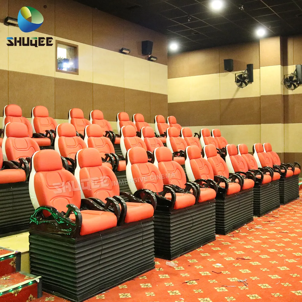 Cine 5D de parque temático con asientos de movimiento rojo en el cine 5D para entretenimiento