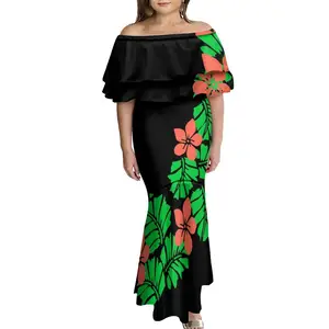 2022 Big People Women's Plumeria Sublimation Print Fishtail Dresses Micronesia Design Double Shawl Off Shoulder Mermaid Dress