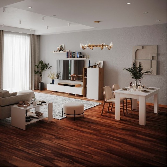 Nordic White Oak Wood Modern Modular Comfortable Complete Living Room Furniture Set Dining Table Coffee Table Sideboard Cabinet
