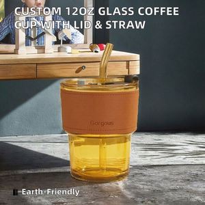 Mug à café en verre transparent écologique de 12 oz avec couvercle et paille, cadeau promotionnel personnalisé - Product Image 2