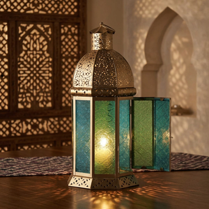 Modern <b>Gold</b> Metal Moroccan Candle <b>Lantern</b> with Colorful Glass Handmade for Home and Ramadan Decorations - Product Image 1