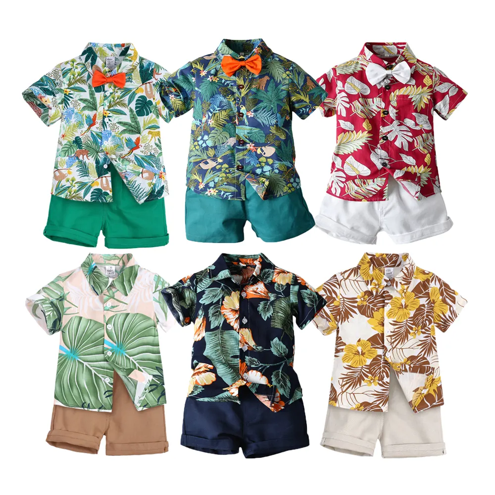 Summer children's Leaf Pattern Toddler boy shirt + shorts woven cotton kids boy's clothing sets