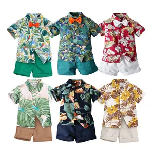 Camicia da bambino per bambini con motivo a foglie estive + pantaloncini set di abbigliamento per bambini in cotone intrecciato