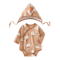 Mono de Algodón Puro para Bebé, Manga Larga, Estampado Animal, Primavera Otoño, Recién Nacido, con Gorro