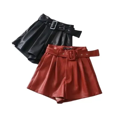 Black Orange Color PU Leather High Waist with Belt Wide Leg Faux Leather Shorts Winter Loose PU Shorts