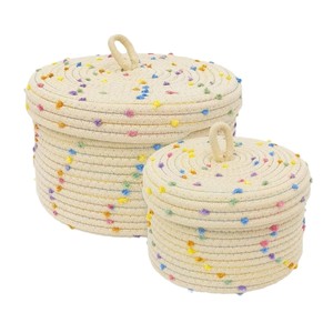 Woven Storage <b>Basket</b> With Lid Round Beige With Dots Handmade For Toys And Snacks Organizer - Product Image 5