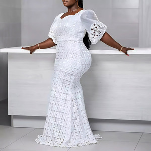 Vestido de noche transfronterizo europeo y americano para mujer, malla de Color sólido, mangas abullonadas, encaje hueco, falda de cola de pez que cubre la cadera - Product Image 1
