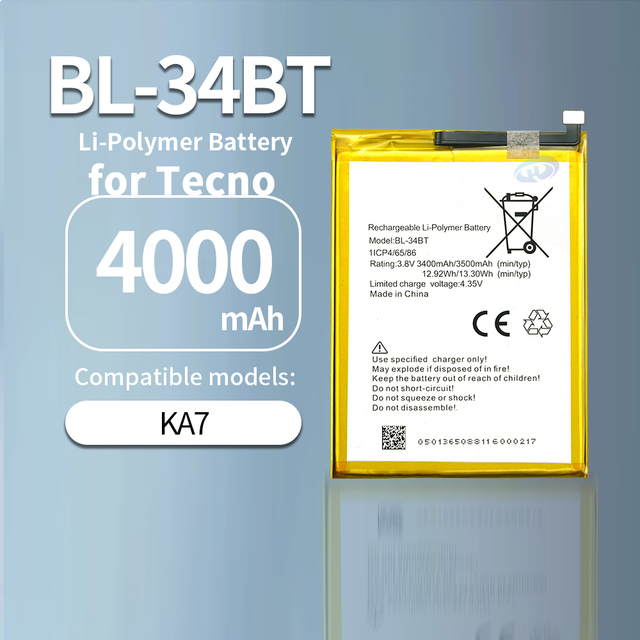 High Quality Original Battery 4000mAh Cellphone Battery BL-34BT for Tecno KA7 Rechargeable Batteries