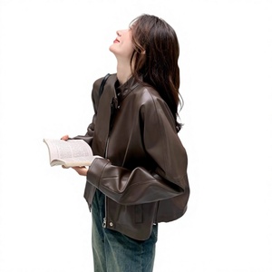 Maillard Coffee-Brown Solid <strong>Petite</strong> Leather Womens 2025 Autumn New Arrival High-End Street-Style <strong>Biker</strong> <strong>Jacket</strong> Shorter Frames - Product Image 1