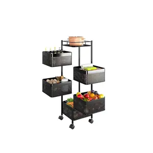Prateleira rotativa de 5 camadas, prateleira multifuncional preta quadrada de metal para armazenar frutas e vegetais, quarto ou banheiro
