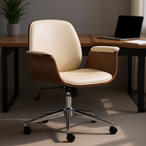 Chaise de bureau en similicuir crème, structure en bois, base en métal chromé, pivotante, réglage manuel, style mid-century modern - Product Image 2