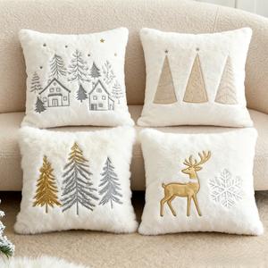 Sarung bantal dekoratif Natal putih mewah pemandangan musim dingin bordir dengan pohon dan kepingan salju untuk dekorasi rumah meriah - Product Image 2