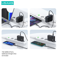 USAMS CC163 100w Pengisi Daya Usb C 65W 4-port Gan Pengisi Daya Dinding Cepat Tipe C Usb-C Pd Pengisian Cepat untuk Laptop Adaptor Pengisi Daya