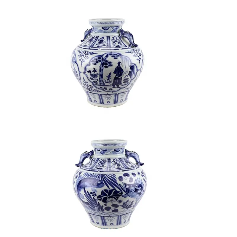 RZKR44-A-B jingdeedt antique yuan dynasty azul e branco porcelana cerâmica pote