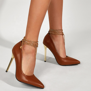 Gold Ankle Chain <b>Bridal</b> Women Wedding Dress Shoes Stilettos Shoes on Women Pumps Metal Thin High Heel - Product Image 2