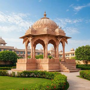 Pabellón de Jardín Chatri de Arenisca Rosa Tallado a Mano, Gazebo con Estructura de Cúpula de Patrimonio Indio para Paisajismo de Resorts y Palacios - Product Image 1