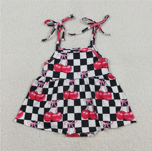 Sibling Baby Girls Black Checked Cherry Tunic Short <b>Clothes</b> Set Strap Bummies Rompers - Product Image 5