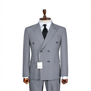 Costume d'affaires gris croisé pour homme, style britannique, en polyester peigné, col mandarin, coupe classique, grandes tailles, anti-rétrécissement - Product Image 1