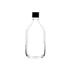 350mlフラスコ型ガラス瓶、不正開封防止ブラックアルミニウムキャップ空のアルコールショットガラスボトル