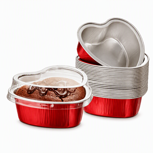 100 ml Kalp Şeklinde Alüminyum Tek Kullanımlık Paket Servis Kabı, Mikrodalgaya Uygun Gıda Sınıfı Pişirme Kalıbı, PET Plastik Kapaklı Kek Teslimat Kutusu - Product Image 1