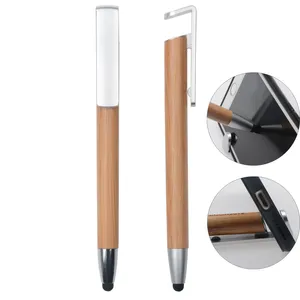 Promotional Retractable Capacitive Bamboo Stylus Pen Touch Phone Holder Pens with Custom Logo Stylus