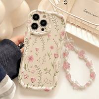 Coques de Téléphone Tendance avec Chaîne pour iPhone 16 15 17 18 Pro Max – Étui Crème à Motif Floral – Coque Arrière