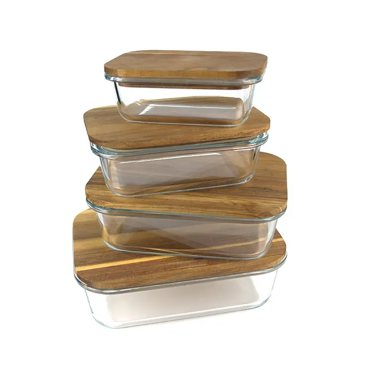 Recipiente de vidro para comida por atacado lancheira bento caixas com tampa de madeira de acácia em estoque