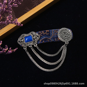 Pince à cheveux en tissu style chinois « Tracing The Realm Of Fireflies » avec chaîne argentée et pierre œil de tigre, pince BB unisexe - Product Image 5