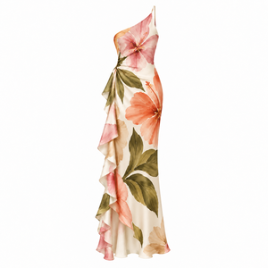 Vestido largo de verano con estampado floral para mujer, de un solo hombro, con volantes asimétricos y espalda descubierta, para fiesta. - Product Image 2