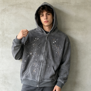 Unisex Gray Hooded Fleece Sweatshirt With Rhinestone <b>Star</b> Print Regular Fit Winter Casual Wear - Product Image 1