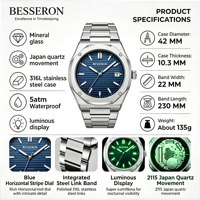 Montre pour homme BESSERON Factory, quartz multicolores, boîtier octogonal personnalisé 42 mm, acier inoxydable, affichage analogique de la date, style élégant et tendance