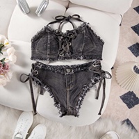 Ensemble bikini en jean sexy deux pièces pour femme, maillot de bain en denim, tenue de plage, culotte en jean, tenue de club, tenue de danse, vêtements de performance