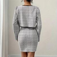 Ensemble Décontracté Deux Pièces Automne Taille XL, Blazer Uni et Robe Dos Nu avec Décor en Tweed, Longueur Au-Dessus du Genou