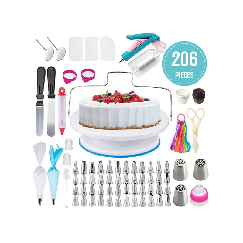 206 PCS Cake Turntable Set Cake Decorating Supplies Pastry Piping Tube Fondant Tool Kit//