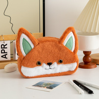 Trousse à crayons grande capacité en peluche renard mignon, boîte à papeterie pour étudiants et trousse à cosmétiques en cuir pour l'organisation du bureau