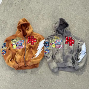 Benutzer definierte Logo Distressed gewebte Patchwork bestickte übergroße Reiß verschluss Hoodies Unisex Vintage Sun Faded Acid Washed Hooded Jacket - Product Image 2